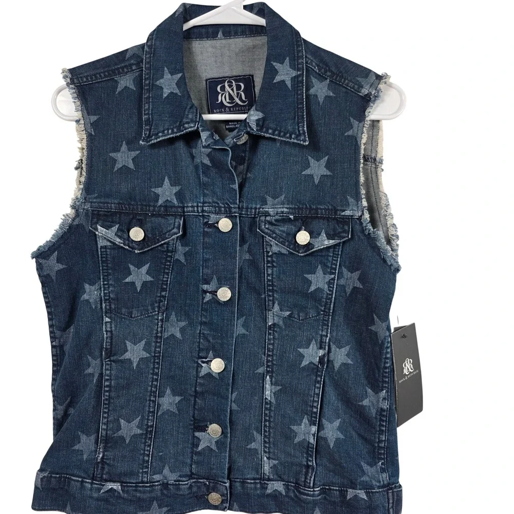 Rock & Republic Denim Vest Women M Blue Star Print Frayed Gunshow Starlight‎ 4TH